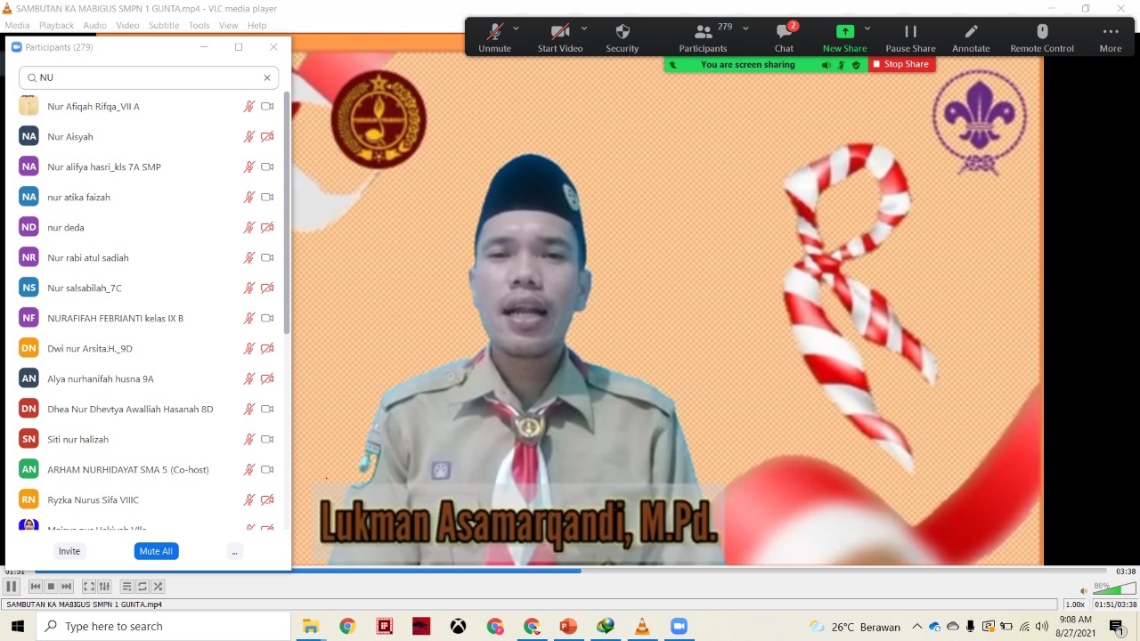 Latihan Pramuka Pangkalan SMPN 1 Gunung Tabur di Ikuti 311 Peserta Secara Virtual