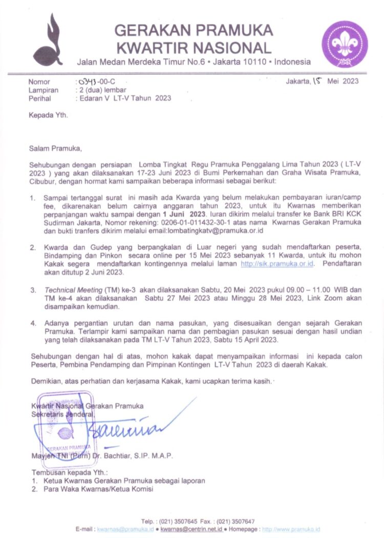 Kwarnas Perpanjang Waktu Pembayaran Camp Fee Peserta LT-V Tahun 2023